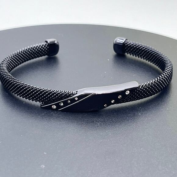 Skagen Designer Signed Gunmetal‎ Black Mesh Crystals Cuff Bracelet - Picture 2 of 8